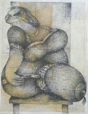 Phénomène de foire - crayon sur papier ancien marouflé sur toile - 120 x 94 cm